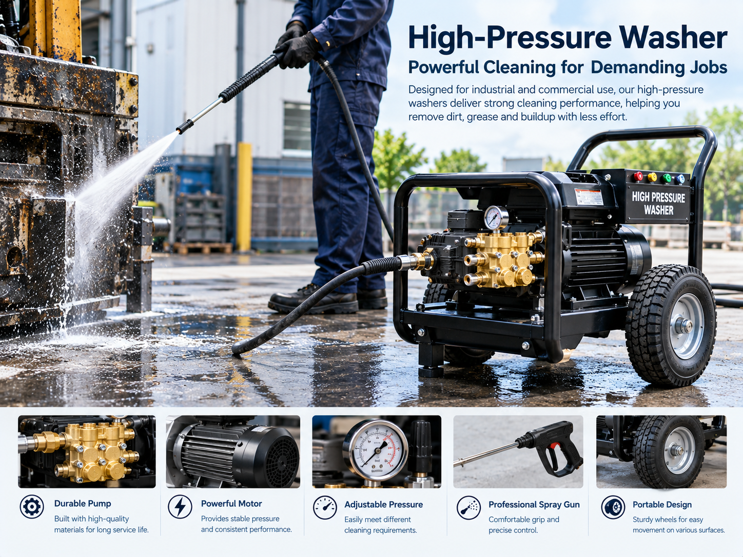 Heavy-duty pressure washer removes tough dirt and grease with a powerful motor. 